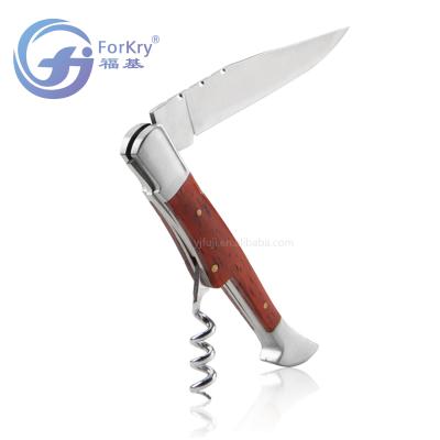 China Hot Selling High Quality Stocked FORKRY Stainless Steel Steak Knife Pocket Knife With Corkscrew Wood Handle for sale