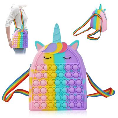 China Adjustable Strap Washable Silicone Unicorn Backpack Push Pop Bubble School Bags For Girls Kids for sale