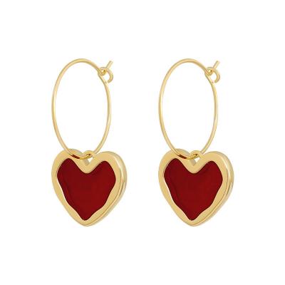 China Other Sweet Enamel Heart Earrings For Women Girl Gold Color Metal Love Heart Hanging Dangle Earrings Vintage Jewelry for sale