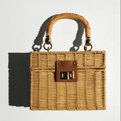 China Fashion BOX BAG Summer Straw Rattan Basket Handbag Beach High Quality WIRE CLOSURE WOVEN Tote Bag for sale