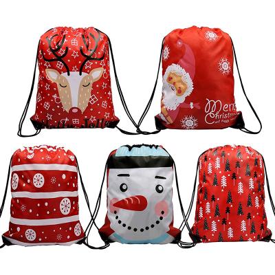 China Custom Logo Rope Handle Manufacturer Promotional Cheap Custom Sublimation Nylon Polyester Christmas Drawstring Bag for sale