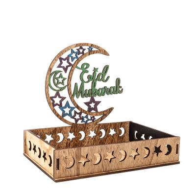 China Eid Mubarak Decoration Islam Food Tray Eid Mubarak Ramadan Snack Wooden Dessert Tray for Muslin Ramadan Party Supplies for sale