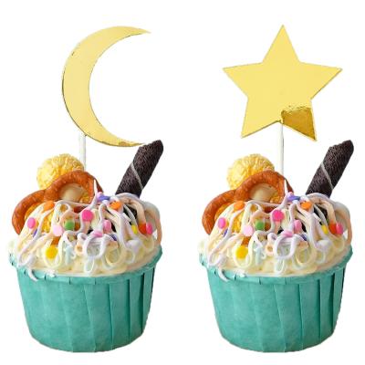 China Islamic Muslim Eid Mubarak Decoration Glitter Gold Paper Ramadan Eid Mubarak Cupcake Toppers For Eid Mubarak Decoration for sale