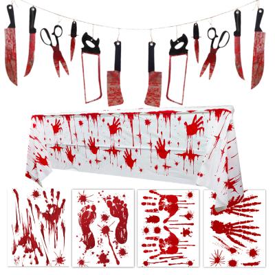 China PVC Halloween Decoration Haunted House Creepy Bloody Foot Handprint Halloween Tablecloth for sale