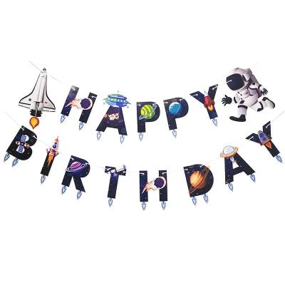 China Eid Festival Decoration UFO Galaxy Outer Space Happy Birthday Banner Out Of The World Alien Bunting Decorations Astronaut Birthday Theme Party for sale