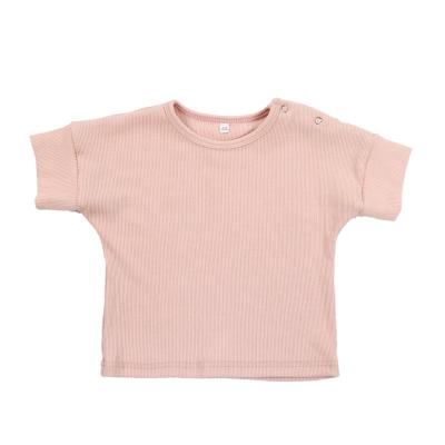 China High Quality Organic Pink Ribbed Boutique Girls Gift Anti-pilling Cotton Summer Anti-pilling Short Sleeve Baby Tops for sale