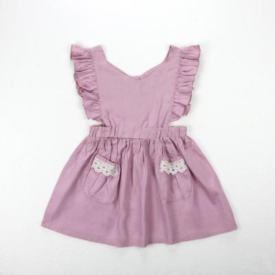 China NewArrivals 100% Sustainable Organic Canvas Short Sleeve Ruffles Buttons Plain Baby Dress A Line for sale