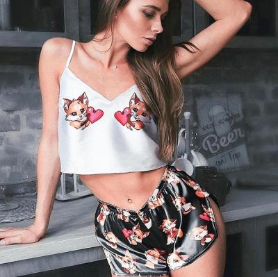 China QUICK DRY QUICK DRY Deep Waist Women's Silky Smooth Women's Lingerie V Neckline Crop Top Summer Silk Cartoon Printed Short Pajamas Sets Women for sale