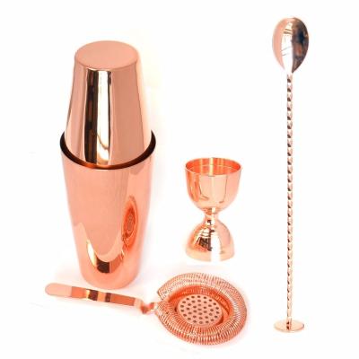 China Plated Cocktail Shaker Barware Set 2oz 28oz 18oz Boston Measuring Jigger Rose Gold Twisted Mixing Spoon for sale