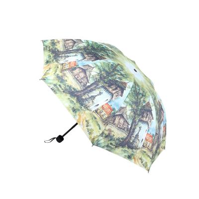 China European Pastoral Umbrella 8 Folding Bone Printing Umbrella Landscape Foldable Sun Umbrella for sale