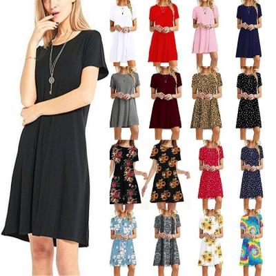 China Shopee Amazon Anti-static European Wish Ebay Women Hot Selling Short Sleeve Dress Solid Color And Lady Round Neck Dress Printing for sale