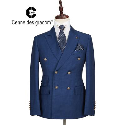 China Men's Suit Anti Shrink Office Suiting Slim Fit Blue 2 Piece Double Breasted For Cenne Des graoom Lapel Blazer Pants for sale