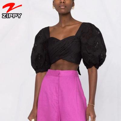 China Bodycon blouses black crop tops anti-pilling puff sleeve blouse women bandage sexy backless blouse female for sale