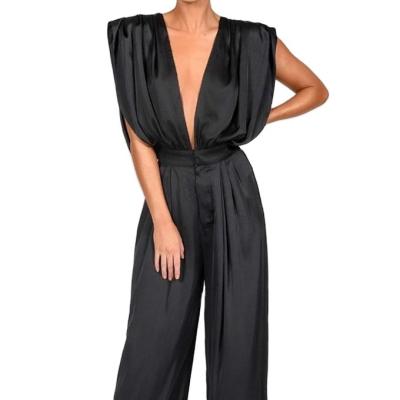 China High Quality Silk Anti-static Forged Wide Leg Pants Women Rompers Deep V One Piece Sleeve Wide Leg Overalls for sale