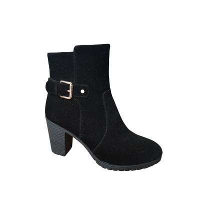 China Anti-slippery Black Suede With Strap Mid Calf Boots High Heel Ladies Shoes for sale