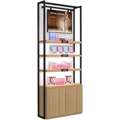 China Customized Fresh Wooden Cosmetic Shop Shelves Racks Display Beauty Counter for sale