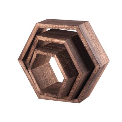 China Wholesale Eco-Freindly Farmhouse Rustic Home Decor Hexagon Wooden Wall Shelf Wooden Wall Hanging Decorative Shelf for sale