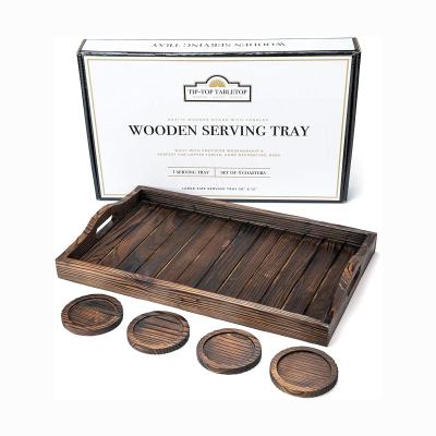 China Europe Wooden Serving Table Top Tray With Handles And 4 Coasters Wooden Tray for sale