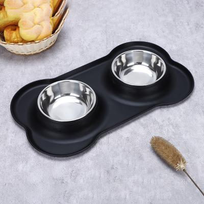 China Durable Black Pets Dog Bowl Set Stainless Steel No Spill Dog Food Messy Water Proof Food Bowls With Skid Resistant Silicone Mat Dog Bowls for sale