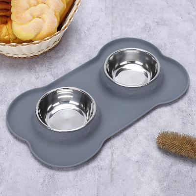 China Gray Pets Dog Bowl Set Sustainable Stainless Steel No Puddle Water Messy Proof Dog Food Bowls With Skid Resistant Silicone Mat Dog Bowls for sale