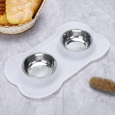 China Sustainable White Pets Dog Bowl Set Stainless Steel No Spill Dog Food Messy Water Proof Food Bowls With Skid Resistant Silicone Mat Dog Bowls for sale