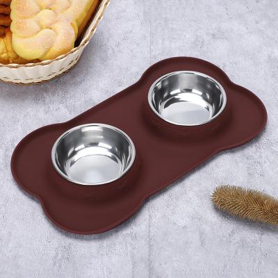 China Sustainable Brown Pets Dog Bowl Set Stainless Steel No Spill Dog Food Water Messy Proof Bowls With Skid Resistant Silicone Mat Dog Bowls for sale