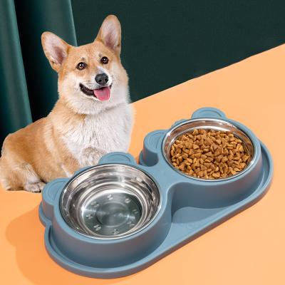 China Sustainable Double Dog Cat Bowls Set Premium Stainless Steel Pet Bowls With No-puddle PP Station Food Water Feeder For Cats And Small Dogs for sale