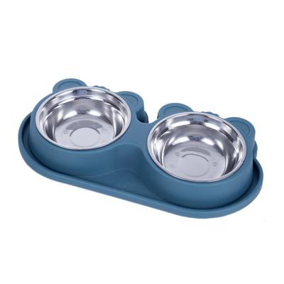 China Sustainable Blue Double Dog Cat Bowls Set Premium Stainless Steel Pet Bowls With No-puddle PP Station Food Water Feeder For Cats Small Dogs for sale