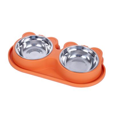 China Durable Orange Double Dog Cat Bowls Set Premium Stainless Steel Pet Bowls With No-puddle PP Station Food Water Feeder For Cats Small Dogs for sale