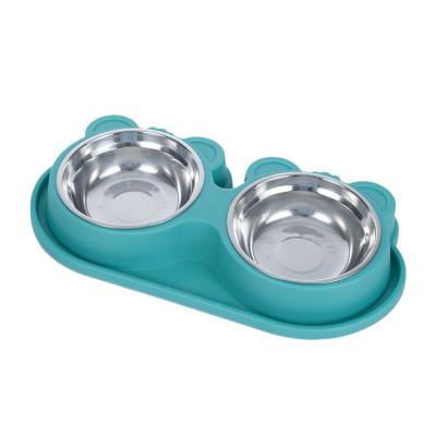 China Sustainable Green Double Dog Cat Bowls Set Premium Stainless Steel Pet Bowls With No-Puddle Station Food Water Feeder For Cats Small Dogs for sale