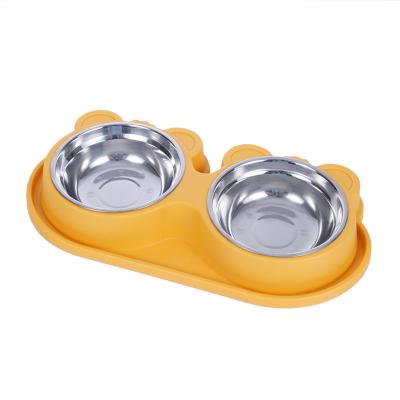 China Durable Yellow Double Dog Cat Bowls Set Premium Stainless Steel Pet Bowls With No-puddle PP Station Food Water Feeder For Cats Small Dogs for sale