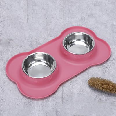 China Sustainable Pink Pets Dog Bowl Set Stainless Steel No Spill Messy Water Proof Dog Food Bowls With Skid Resistant Silicone Mat Dog Bowls for sale