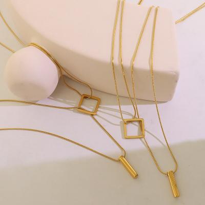 China TRENDY Summer European American Square INS Pendant Necklace Stacked Geometric Gold Plated Stainless Steel Clavicle Chain for sale