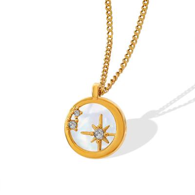 China New FASHIONABLE 18k Gold Plated Round Star Shell ZIRCON Stainless Steel Disc Necklace Women Jewelry Pendant Valentine's Day G for sale