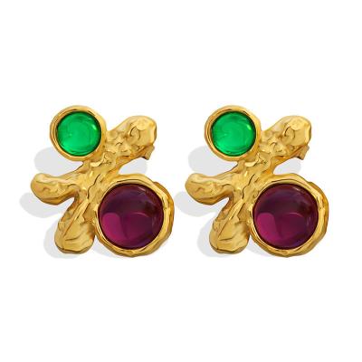 China FASHION Sensitive 18k Gold Plated Stainless Steel Jewelry Earrings Personality Branch Irregular Design Ruby Gemstone Earrings for sale