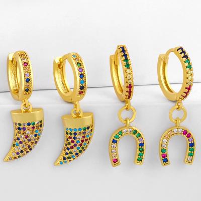 China Nickel& Lead Free Rainbow Horn Drop Earrings For Women Crescent Moon Earrings U Shape Geometric Zircon Gold Filled Jewelry for sale