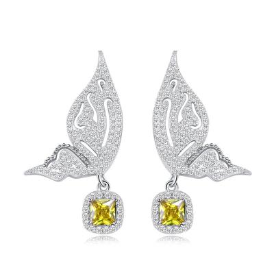 China Nickel& lead free yellow and blue zircon pave beautiful 925 Sterling Silver Pin Fly Hollow butterfly shape drop earrings for women for sale