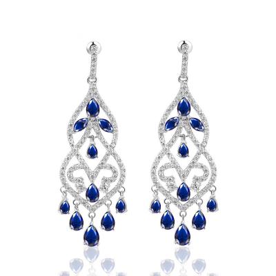 China Nickel& Lead Free European Blue Zircon Crystal Tassel Dangle Drop Long Chandelier Earrings Wedding Prom Jewelry For Women for sale