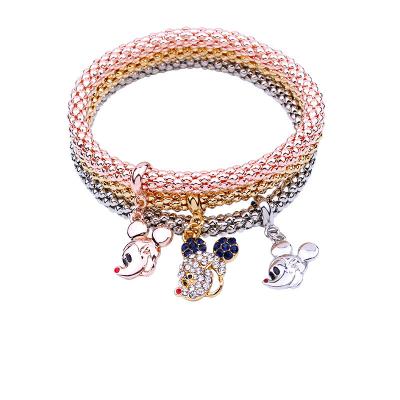 China Nickel& 3PCS Cute Vintage Style Mickey Mouse Crystal Rhinestone Popcorn Lead Free Charm Chain Bracelet For Women Kids for sale