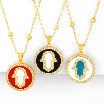 China New Hot Selling Wholesale Zircon Fashion Oil Drop Around Fatima Hamsa Hand Pendant Necklace For Women Gift Jewelry for sale