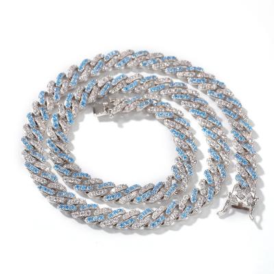 China Hip Hop Hip Hop Women Jewelry Iced Out 9mm 18K Gold Bling Mix CZ Blue Silver Zircon Diamond Cuban Link Chain Necklace For Gift for sale