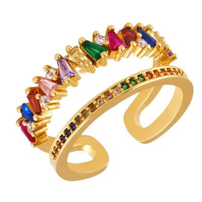 China Luxury Gold Filled Rainbow Baguette Rings For Women Adjustable Crystal Cuff Ring D.C.A. Zircon Opening Statement Jewelry for sale