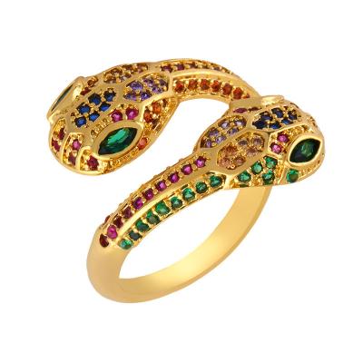 China Luxury Bulk Hot Double Snake Head Rainbow CZ Zircon Style 18K Gold Zircon Jewelry Ins Open Rings For Women Party Gifts for sale