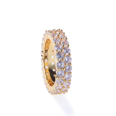 China Luxury Hip Hop Jewelry 18K Gold Plated Micro Paved Iced Out 2 Row CZ Zircon Engagement Ring For Men for sale