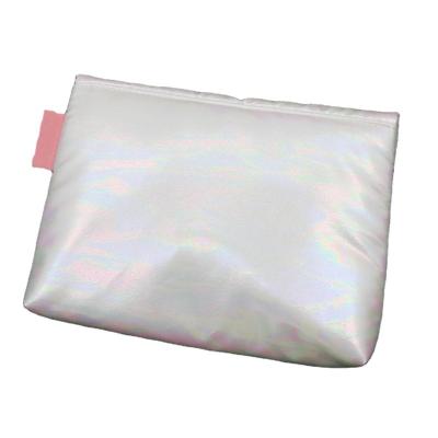 China Original Eco Friendly Holographic White RPET Soft Bag Waterproof Biodegradable Cosmetic Bag With Zipper for sale