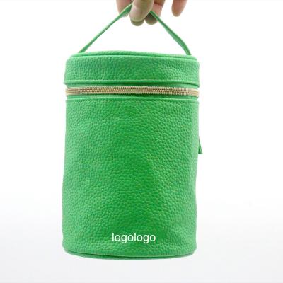 China Normcore/Laichee bag beauty PU new design unisex cosmetic bag Minimalist unique eye-catching water-based light green cylindrical shape pattern for sale