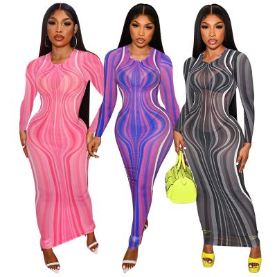 China Breathable Most Popular Products Mesh See Through Dresses Long Sleeve Elegant Printing Maxi Dress for sale