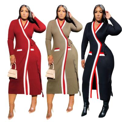 China Breathable Long Cardigan Woman Color Blocked Casual Knitted Cardigan Women T-shirt Dress for sale