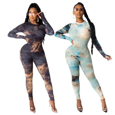 China QUICK DRY Printed Bodycon Overalls Tie Dye Jumpsuit Women Rompers Long Sleeve Jumpsuit for sale