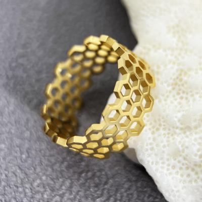 China Personality 18K Gold Plated Stainless Steel Wedding Rings Ring Geometric Honeycomb Hexagon Hollow for sale